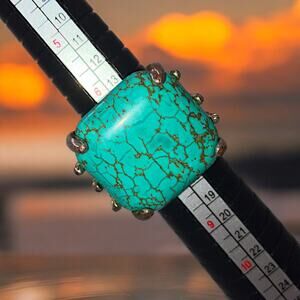 Faux Turquoise Marbled Silver-Tone Cocktail Adjustable Ring 6.75!